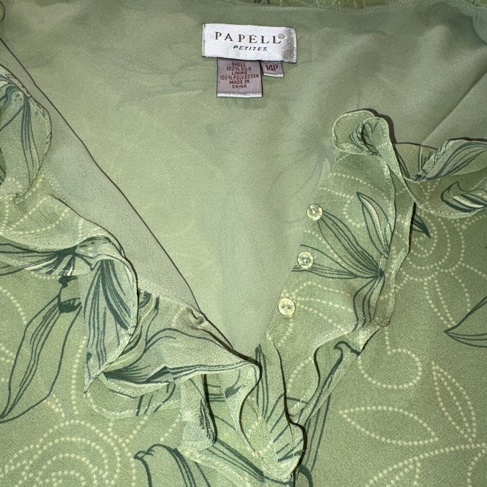 Papell Petites Silk Sage Green Flower Ruffle Blouse Boho Romantic Fairy Sheer - Picture 4 of 10